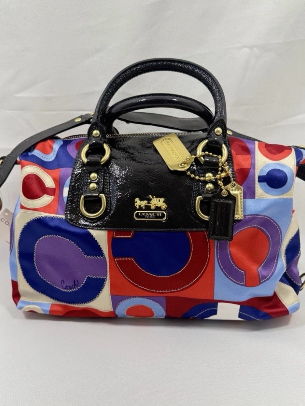 Coach Multicolor Graphic C Patchwork Satchel with Black Patent Trim